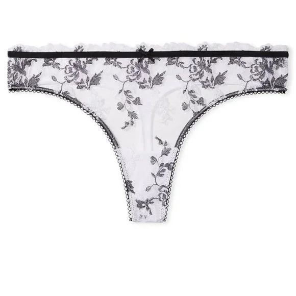 VS L Embroidered Lace Thong Panty White w/ Black Embroidery NWT - Picture 12 of 15
